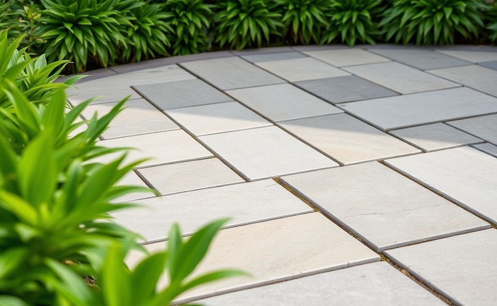A close-up of clean patio stones surrounded by lush greenery.