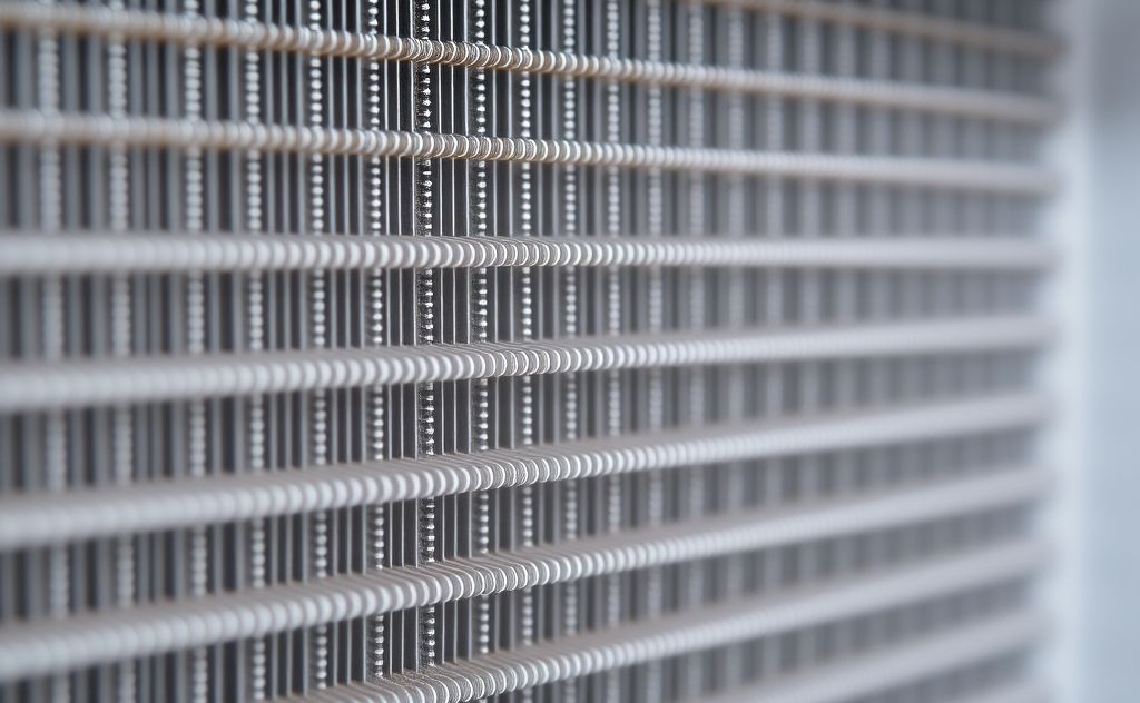 A close-up of clean refrigerator condenser coils with a bright background.