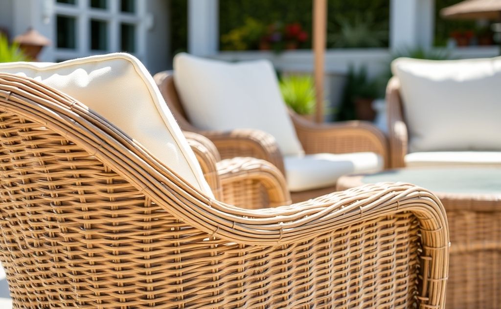 A close-up of clean wicker patio furniture in a sunny outdoor setting