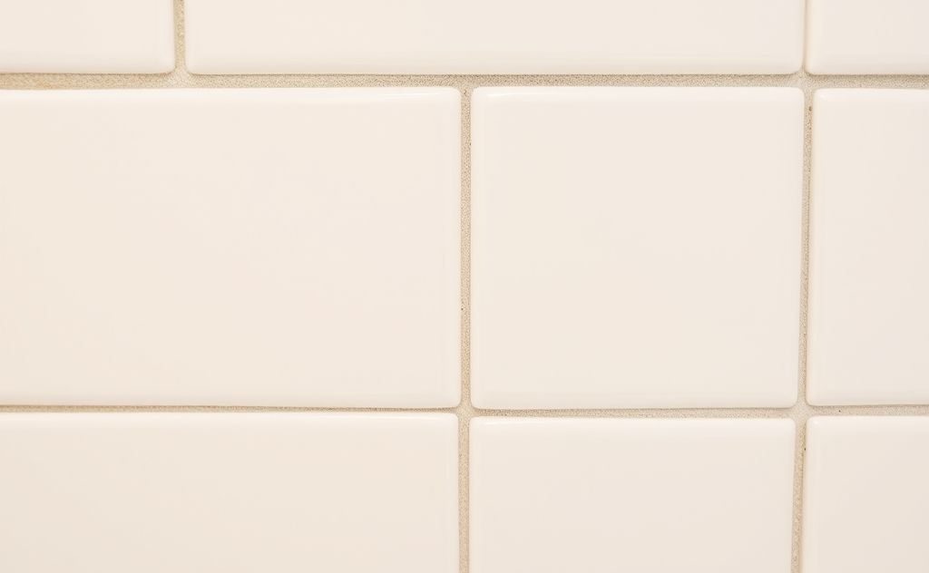 A close-up of clean, shiny bathroom grout and tiles.