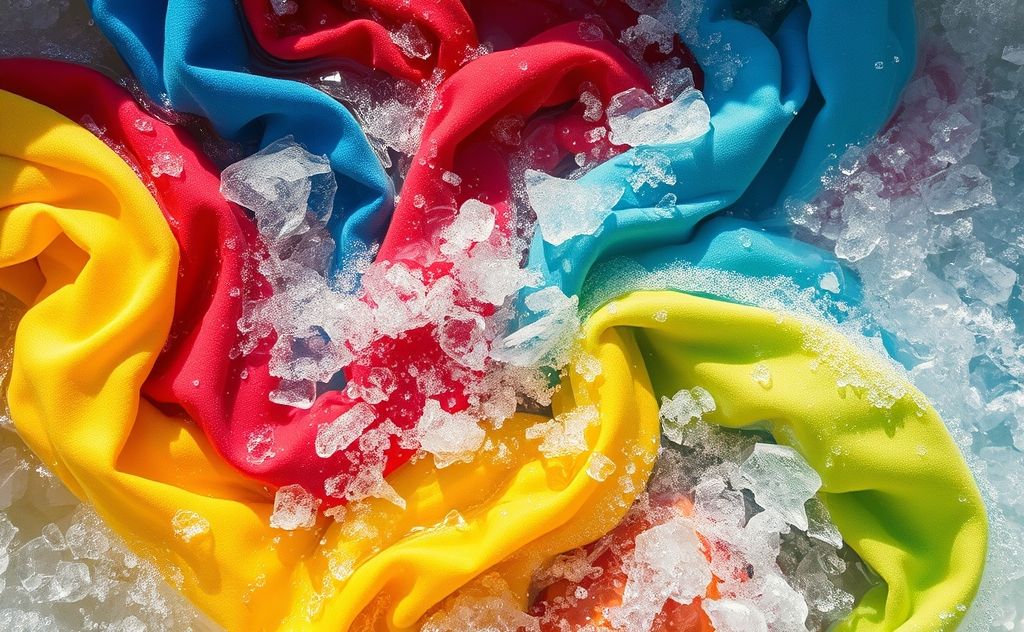 A close-up of colorful clothes being washed in cold water.