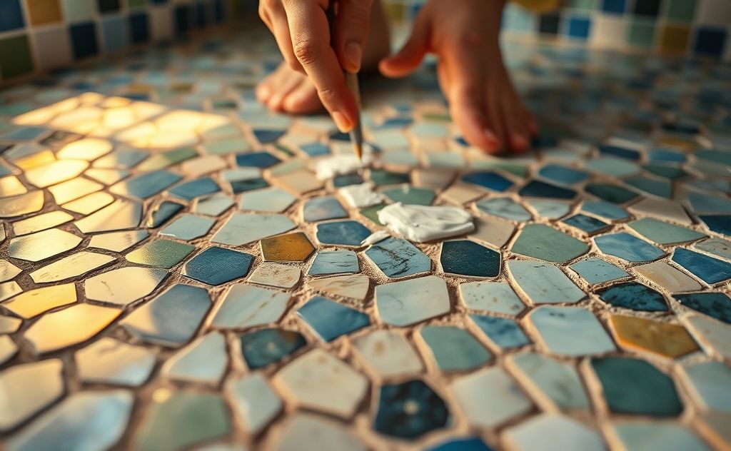 A close-up of cracked grout between bathroom tiles being repaired.