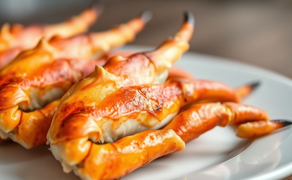 A close-up of crispy broiled crab legs on a plate.