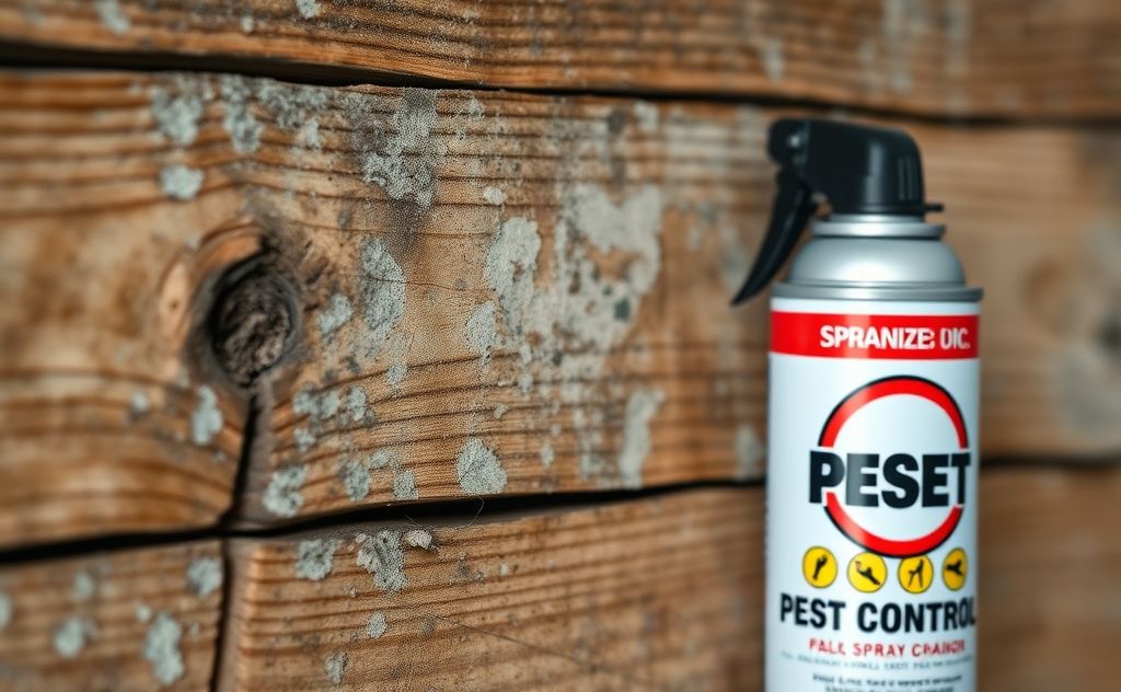 A close-up of damp wood with mold and a pest control spray can.