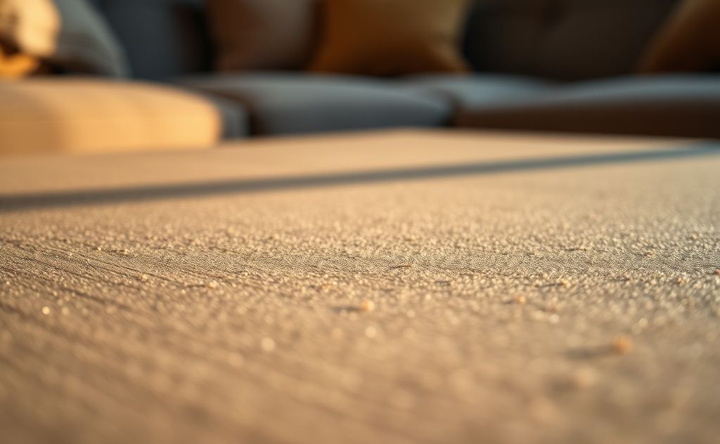 A close-up of dust particles accumulating on a surface in a home.