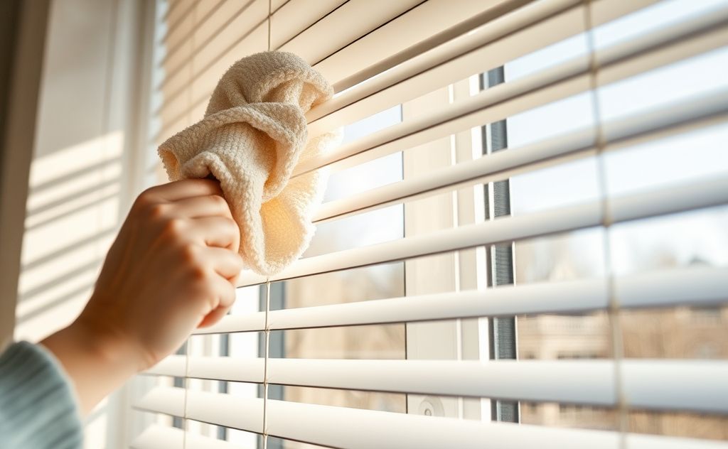 A close-up of dusting blinds with a soft cloth in a sunlit room.
