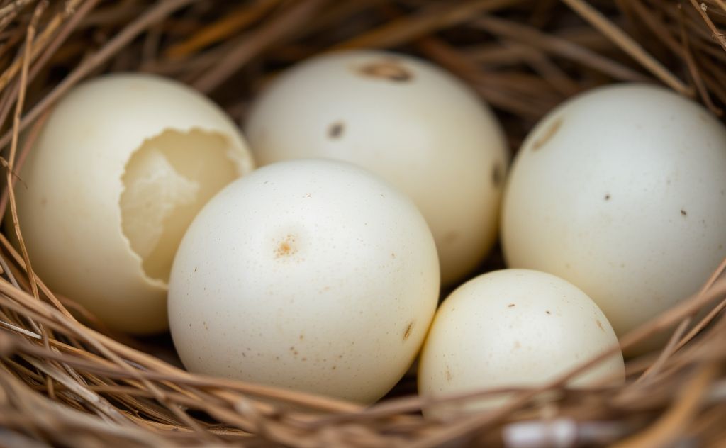 A close-up of finch eggs in a nest, highlighting their delicate shells.