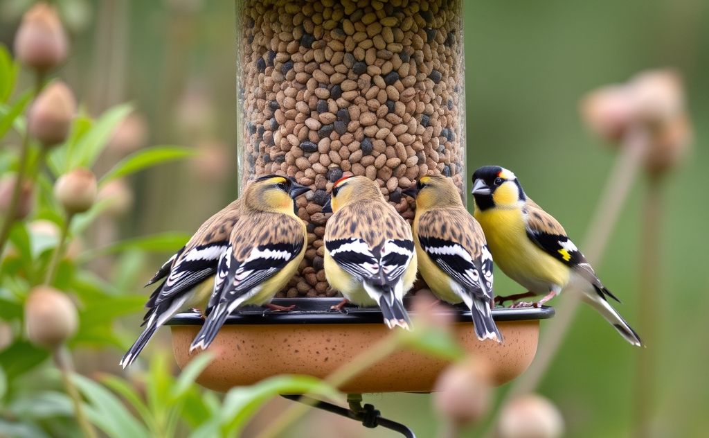 A close-up of finches at a bird feeder surrounded by nature.