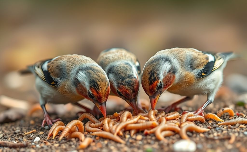 A close-up of finches pecking at mealworms on a natural setting.