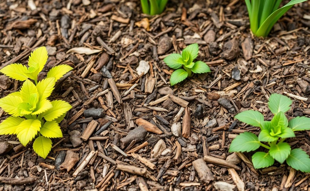 A close-up of freshly mulched garden soil with vibrant plants.