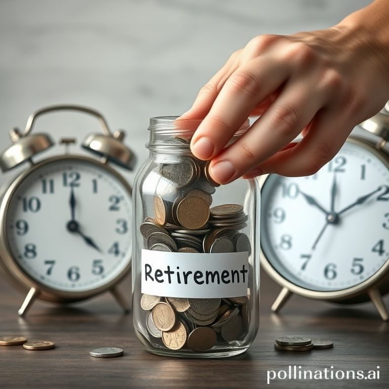 Hand placing coins into a retirement savings jar with an alarm clock, symbolizing timely financial planning for the self-employed.