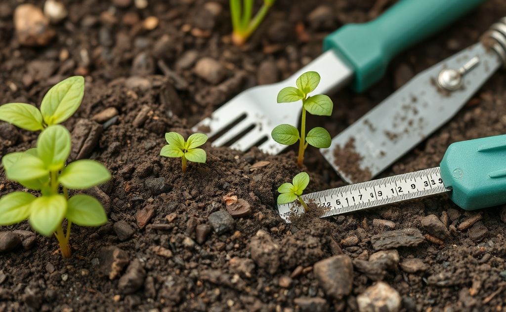 A close-up of healthy garden soil with plants and testing tools.