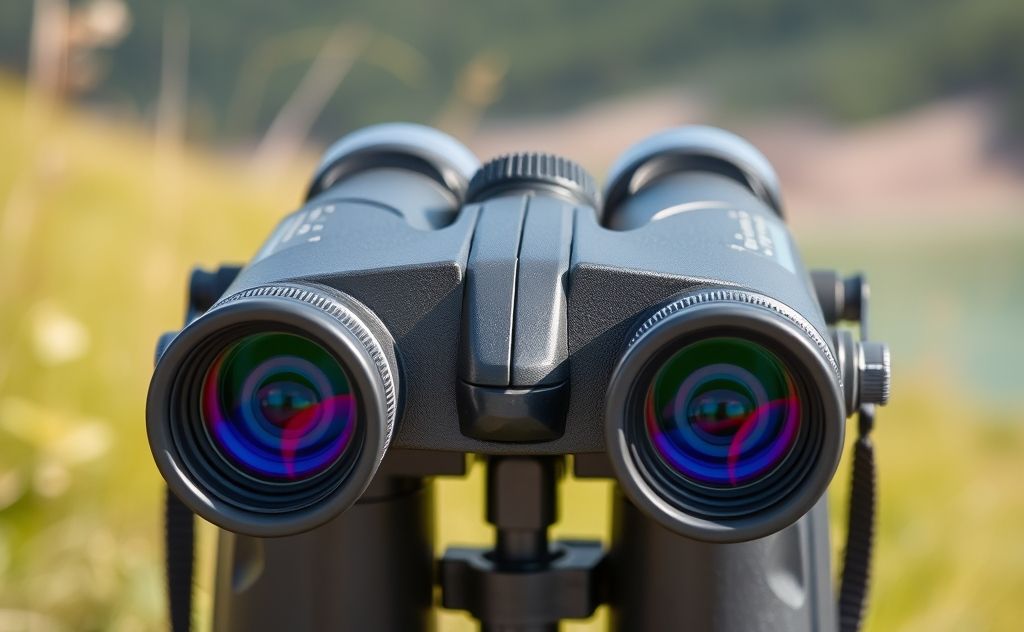 A close-up of high-quality binoculars on a natural outdoor background.
