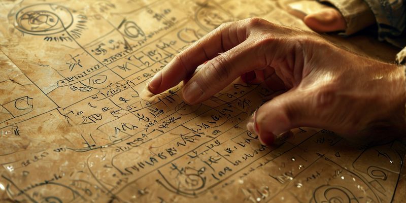 Astrolojik semboller içeren bir parşömen üzerinde sayıları hesaplayan insan ellerinin yakın çekimi.