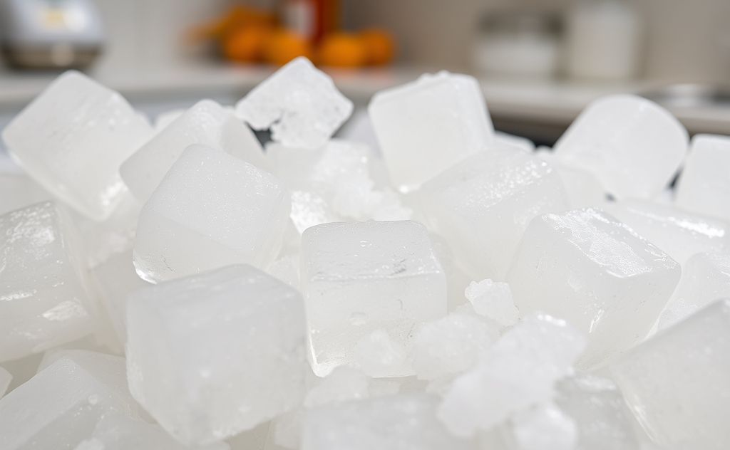 A close-up of ice cubes and salt crystals in a clean kitchen setting.