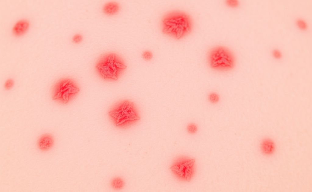 A close-up of inflamed skin with red spots from heat rash.
