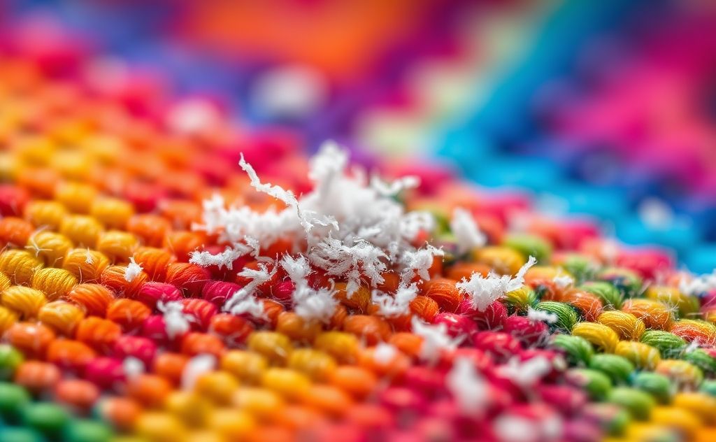 A close-up of lint on a colorful fabric surface.