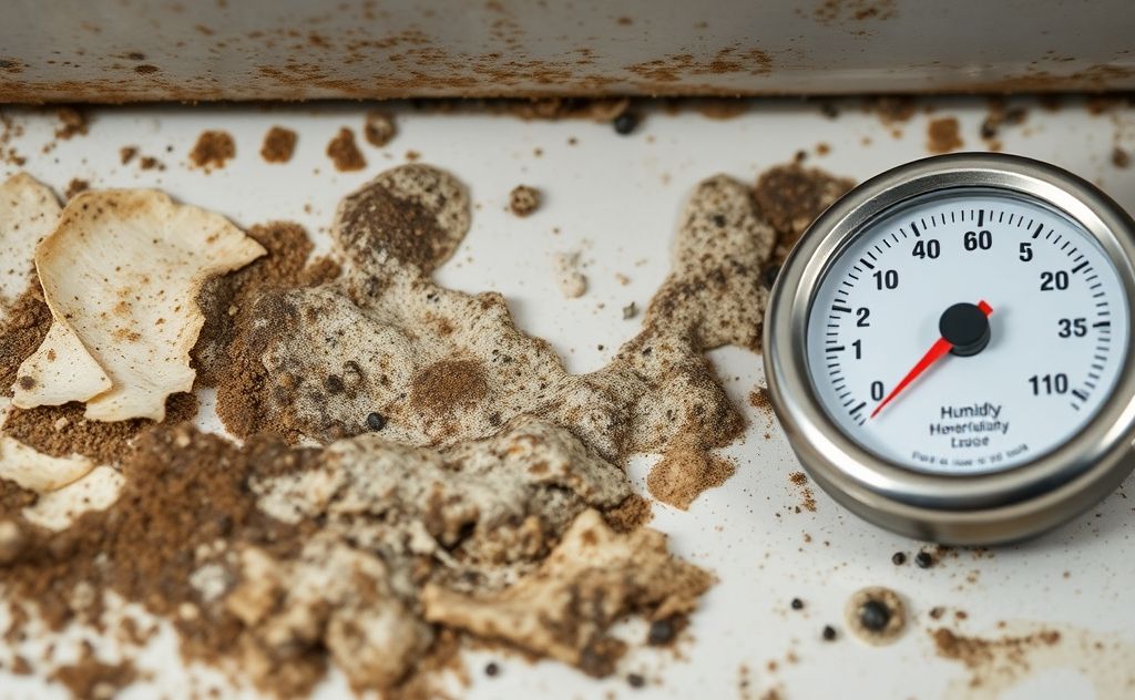 A close-up of mold on a damp surface with a humidity gauge nearby.