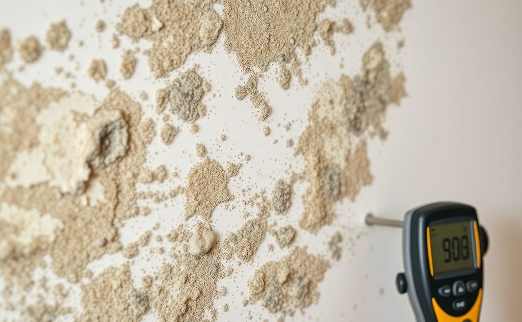 A close-up of mold on a wall with a measuring device nearby.