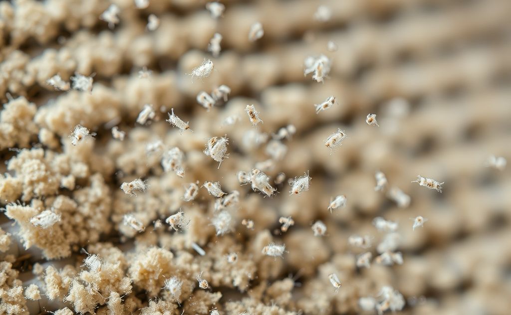 A close-up of mold spores in air with a filter reducing them.