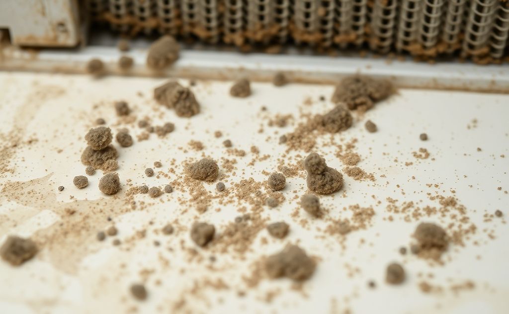 A close-up of mold spores on a damp surface with a clean air filter.