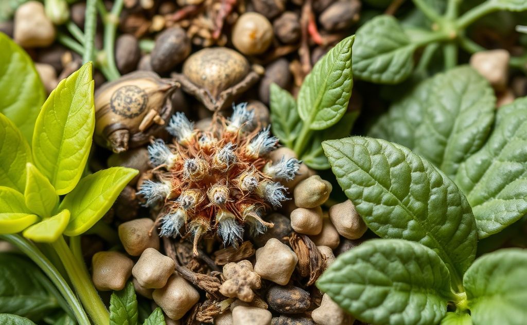 A close-up of natural herbs and plants that combat mold spores.