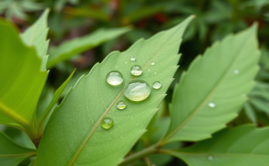 A close-up of neem oil droplets on green leaves in a garden setting
