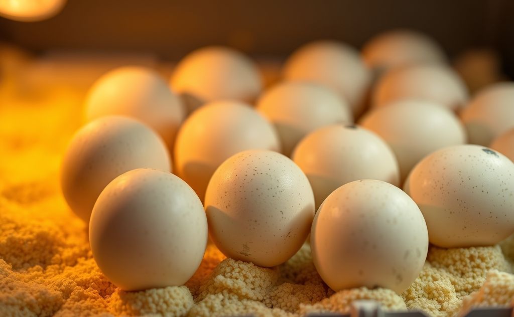 A close-up of peacock eggs in an incubator with warm lighting.