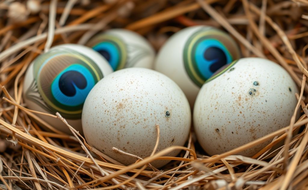 A close-up of peacock eggs nestled in natural bedding materials.
