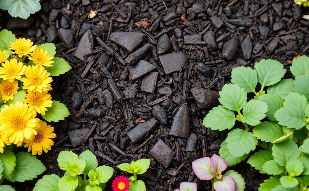 A close-up of rich, dark manure surrounded by vibrant garden plants.