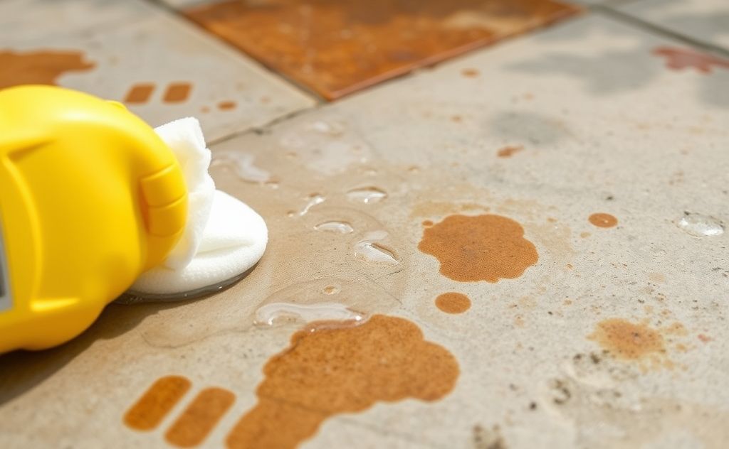 A close-up of rust stains on a patio surface with dish soap and water.