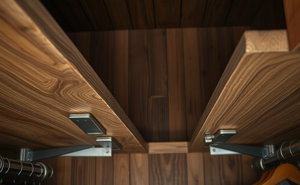 A close-up of sagging closet shelves with support brackets added.