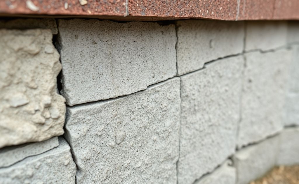 A close-up of sealed cracks and gaps in a home foundation.