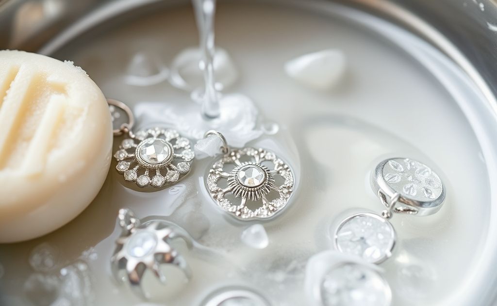 A close-up of silver jewelry being cleaned with soap and water.