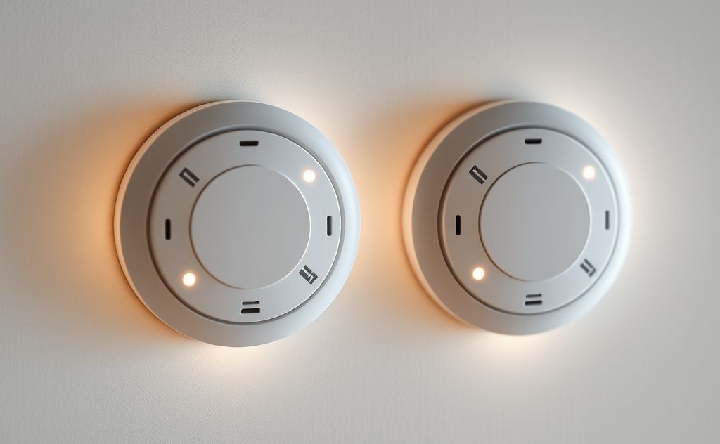 A close-up of smoke and carbon monoxide detectors on a wall.