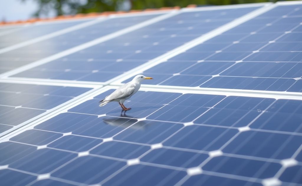 A close-up of solar panels with bird deterrents installed.