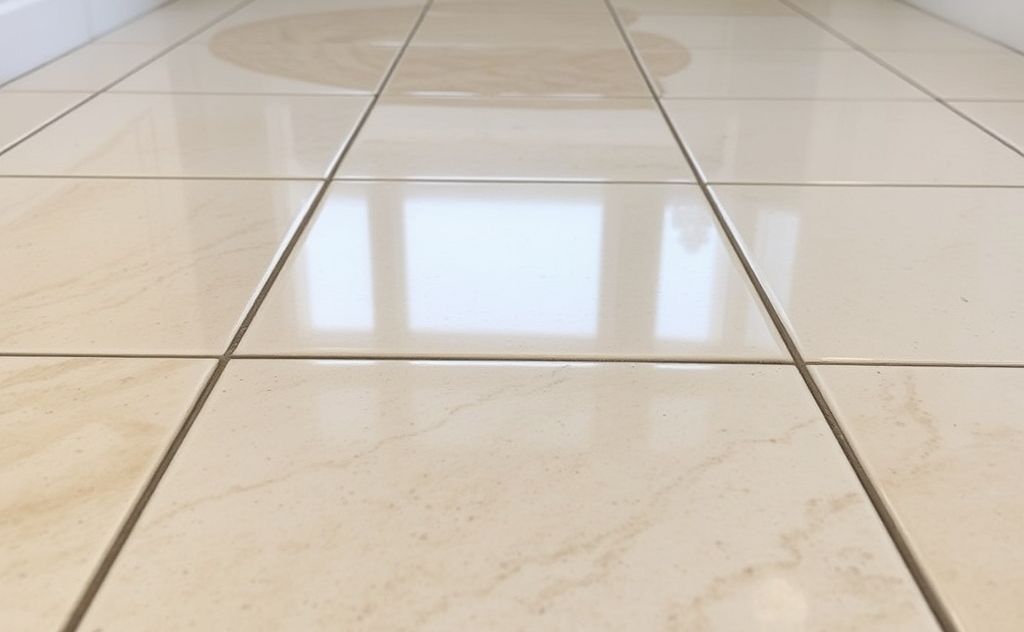 A close-up of sparkling clean tile floors with restored grout lines.
