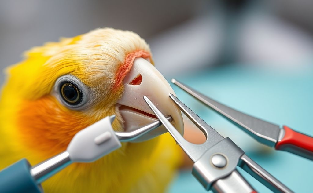 A close-up of specialized veterinary tools for avian care.