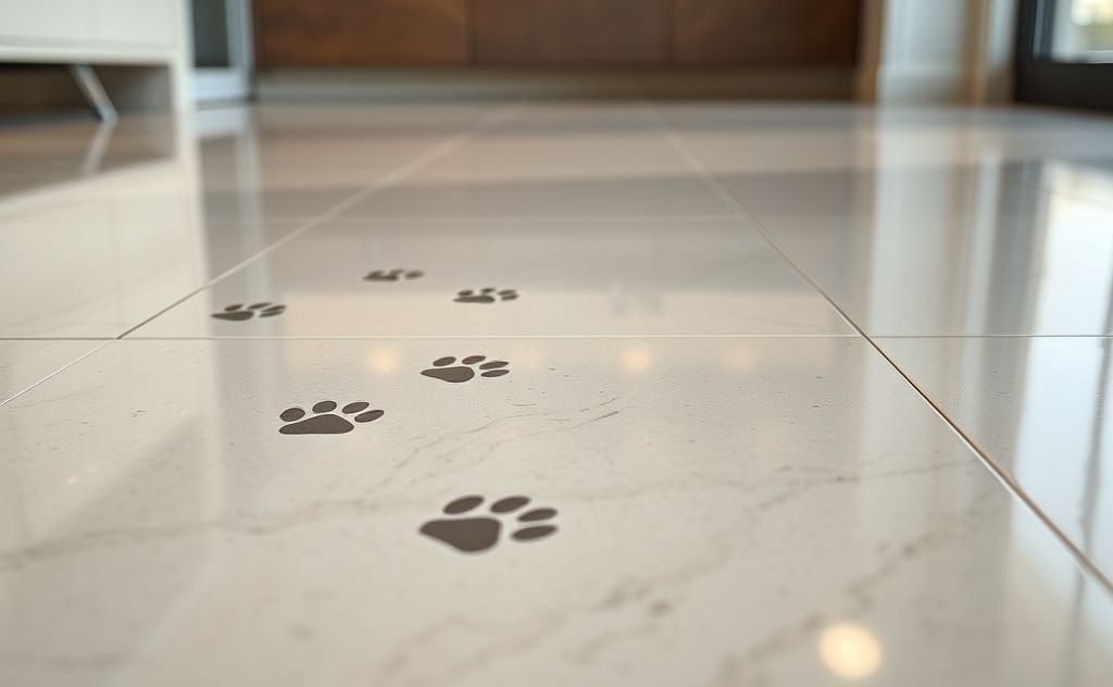 A close-up of stain-proof porcelain tile with pet paw prints.