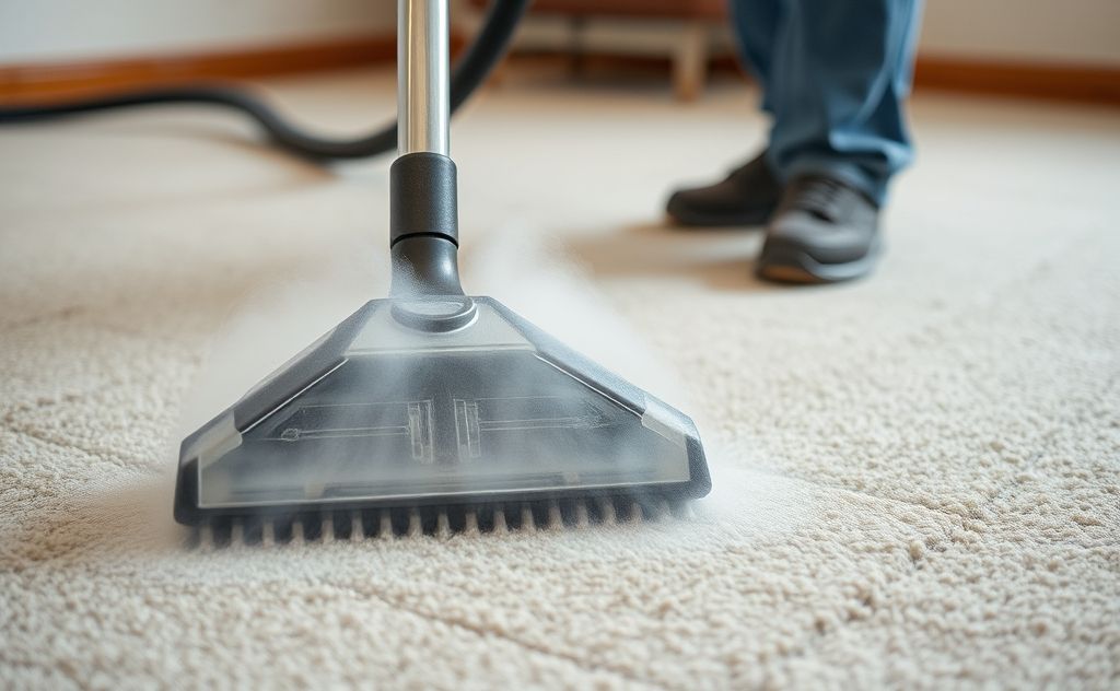 A close-up of steam cleaning equipment in action on a carpet.