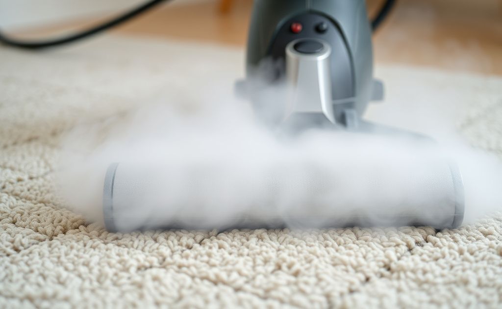 A close-up of steam rising from a steam cleaner on a carpet.