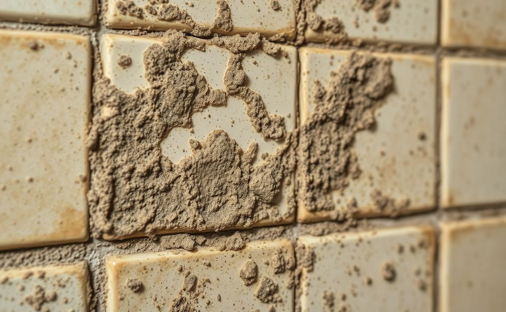 A close-up of stubborn bathroom grime on tiles and grout.