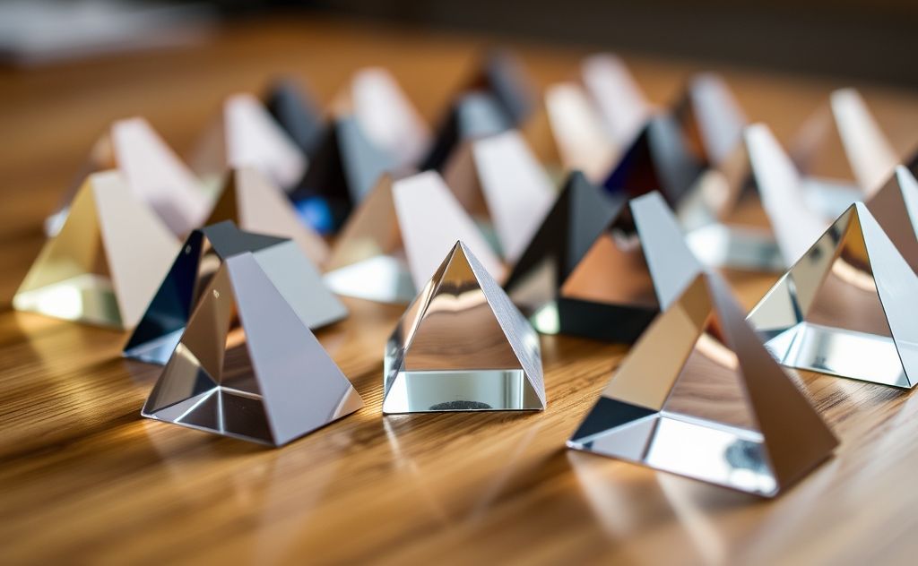 A close-up of various binocular prisms on a wooden table.