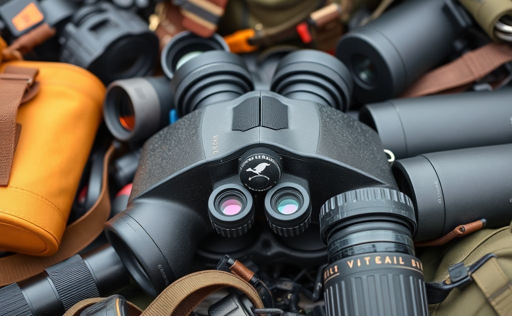 A close-up of various binoculars surrounded by birdwatching gear.