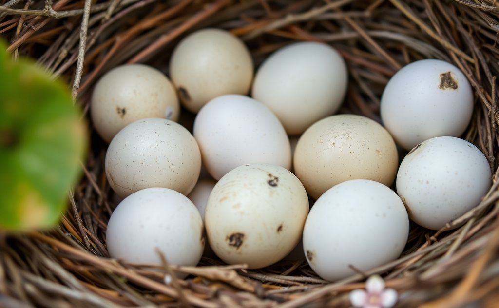 A close-up of various bird eggs in a nest with natural surroundings.