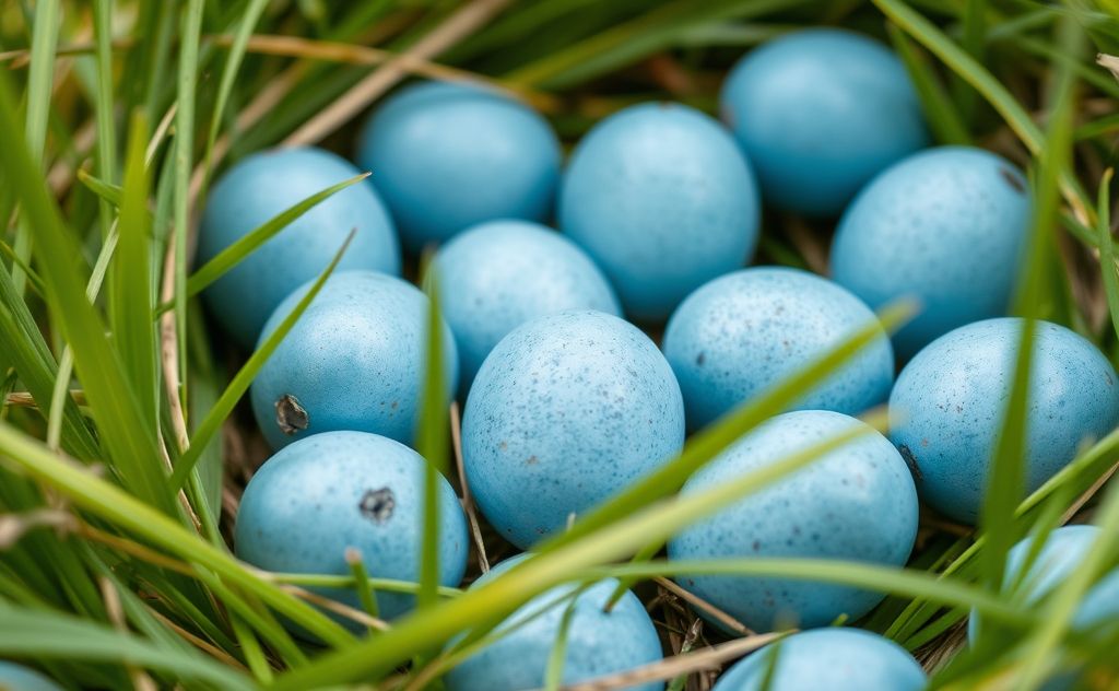 A close-up of various blue bird eggs nestled in grass.