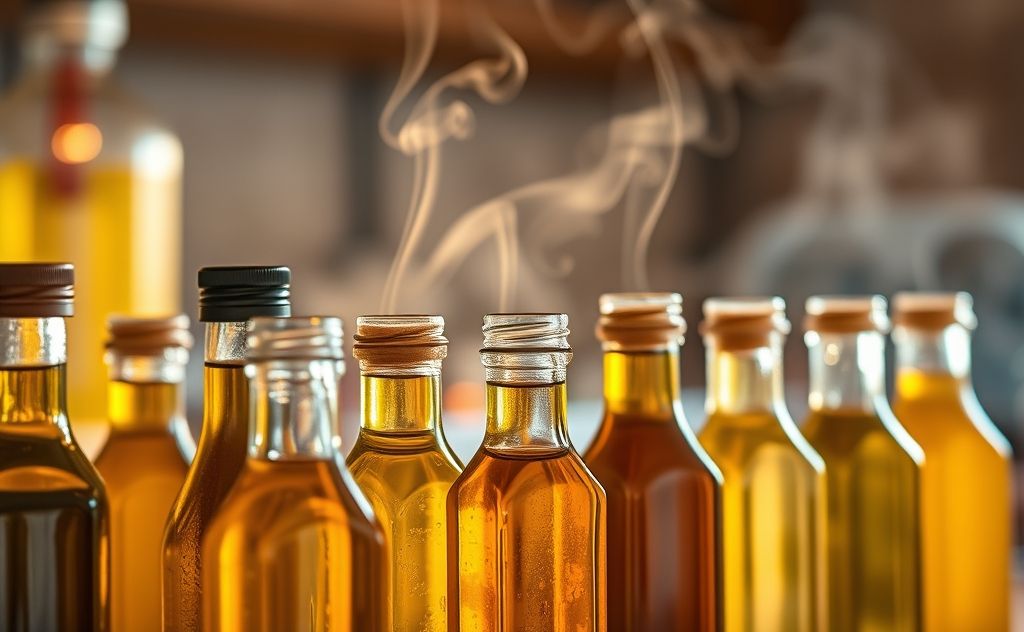 A close-up of various cooking oils with smoke rising in the background.