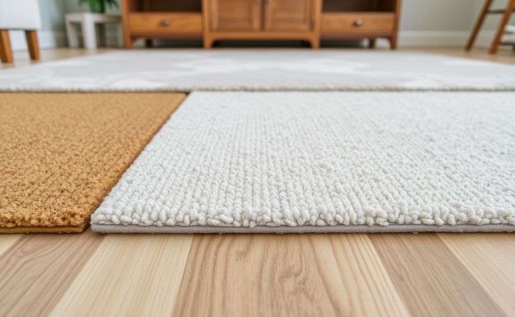 A close-up of various hypoallergenic flooring materials in a home setting.