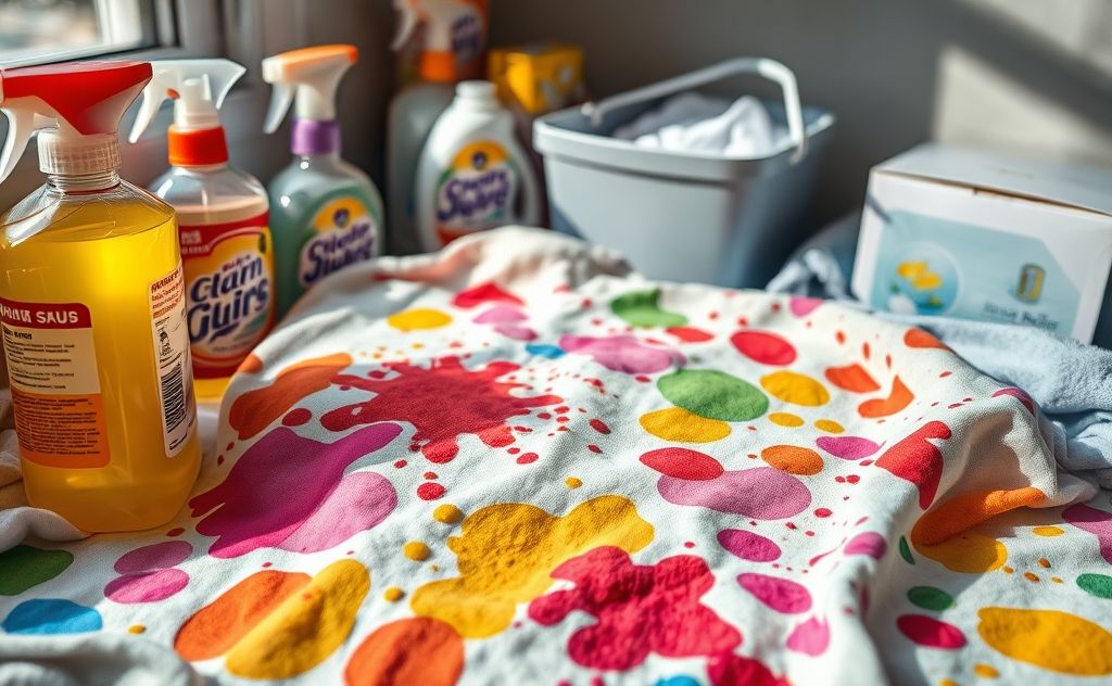 A close-up of various laundry stains on fabric with cleaning supplies.