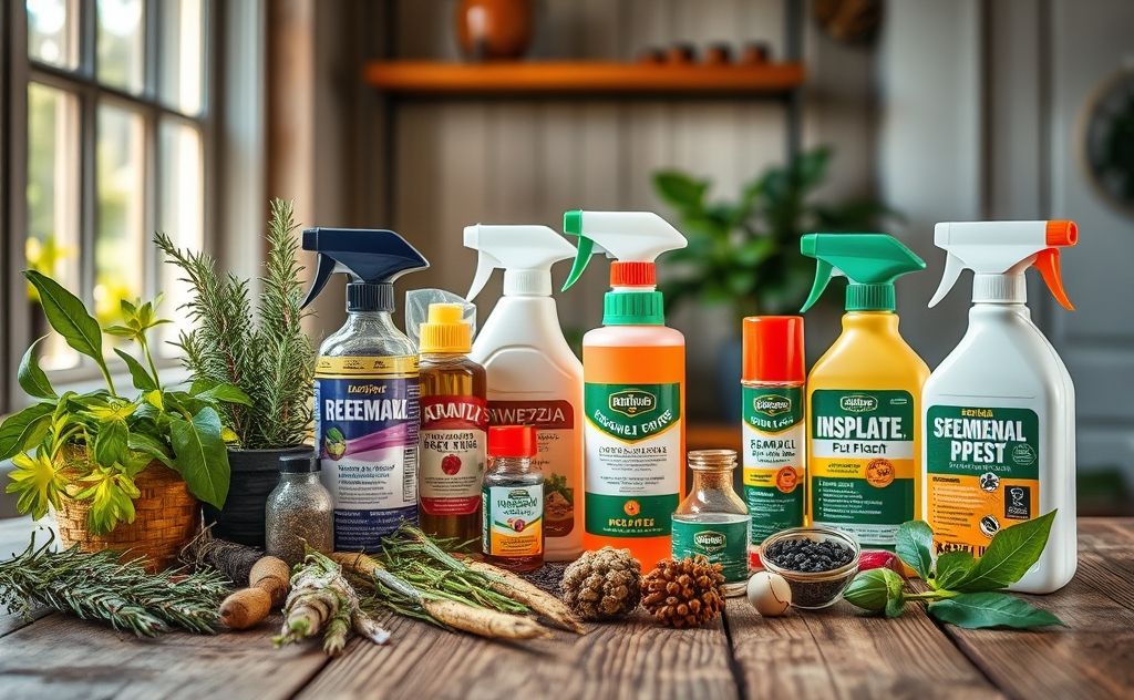 A close-up of various natural and chemical pest repellents on a table.